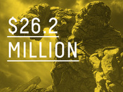 Editorial infographic showing $26.2 million in large white text over a yellow-tinted image of a rocky creature from the Fantastic Four film.