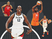 Editorial collage of four WNBA players in action, including Las Vegas Aces and Connecticut Sun players, set against a dark grid background.