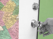 Editorial collage combining a vintage colorful map of New Jersey counties with a black-and-white photo of a hand inserting keys into a door lock against a green background.