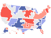 Cartogram of the United States with states sized and colored in shades of red and blue, likely representing political or electoral data.