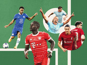 Editorial collage of soccer players in various club kits arranged on a stylized green football pitch background.