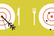 Editorial illustration showing two archery targets with a knife, fork, and arrow on a yellow-green background, suggesting a food or dining theme.