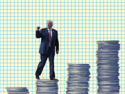 Editorial illustration of a suited figure resembling Donald Trump standing atop a stack of coins among several coin stacks of varying heights on a grid background.