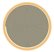 A circular illustration featuring a black Archimedean spiral on a cream background with an orange border.