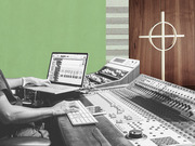 Editorial collage combining a black-and-white photo of a person at an audio mixing console with a laptop and a color photo of a church cross on a wooden wall.