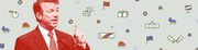 Editorial illustration of a red-tinted politician gesturing with one finger against a light background scattered with political and campaign-themed icons.