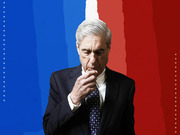 Editorial illustration of a man in a dark suit with hand raised to his chin, set against a red, white, and blue torn-paper background with stars.