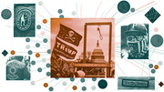 Editorial collage showing January 6 Capitol riot imagery including Oath Keepers patch, QAnon jacket, gallows, Trump flags, and a masked figure connected by decorative lines and dots.