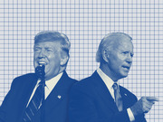 Blue-tinted editorial illustration of Donald Trump and Joe Biden back-to-back against a grid background.