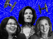 Editorial illustration showing three women in black and white against a blue Star Wars hyperspace background with TIE fighters.