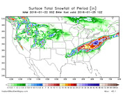 Color-coded weather map showing NAM model forecast of surface total snowfall in inches across the US for the period ending 2016-01-25 12Z, with heavy snow indicated over the Mid-Atlantic.