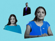 Editorial collage illustration showing three politicians cut out against a teal background, with one large central figure and two smaller figures.