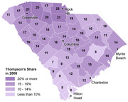 Choropleth map of South Carolina showing Thompson's vote share by county in 2008, with counties shaded by percentage ranges and labeled with numeric values.