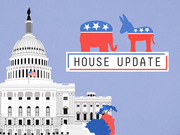 Editorial illustration showing the US Capitol building, White House, Republican elephant, and Democratic donkey with the text House Update.