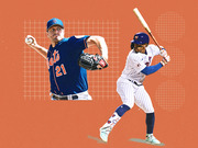 Editorial illustration of two New York Mets baseball players on an orange background, one pitcher in blue uniform number 21 and one batter in white pinstripes number 41.