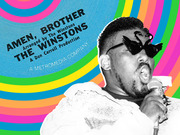 Colorful editorial collage featuring a black-and-white photo of a singer with swan sunglasses alongside a vinyl record label reading Amen Brother by The Winstons.