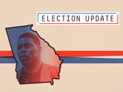 Editorial illustration for a FiveThirtyEight Election Update featuring a person's portrait overlaid on the state of Georgia silhouette in red and blue tones.