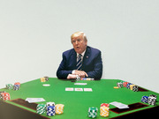 Editorial illustration of Donald Trump sitting at a poker table with chips and playing cards, used as a metaphorical image.