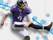 Editorial illustration of a Baltimore Ravens kicker in purple uniform number 9 overlaid on a decorative scatter plot background with blue and gray dots.