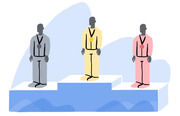 Editorial illustration of three athletes standing on a podium wearing gold, silver, and bronze medals, rendered in muted colors.