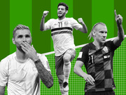 Editorial collage of three soccer players in black and white against a green striped and grid background, featuring players wearing jerseys numbered 11 and 21.