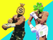 Editorial illustration of two boxers fighting, one with a money bag emoji head and one with a shamrock emoji head, on a yellow and teal background.