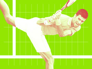 Stylized editorial illustration of a tennis player mid-swing on a bright green background with white grid lines.