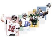 Editorial collage of four NFL football players in action poses against colorful geometric background shapes, featuring Buccaneers, Cowboys, Packers, and Rams players.