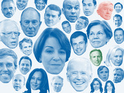 Collage of blue-tinted headshots of 2020 Democratic presidential candidates arranged at varying sizes, with a few faces tinted red or green.