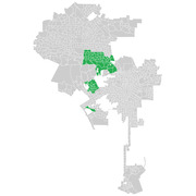 Map of Los Angeles area census tracts with certain tracts highlighted in green, likely indicating a specific demographic or geographic selection.
