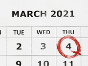 Illustrated March 2021 calendar with Thursday the 4th circled in red marker.