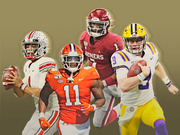 Editorial illustration of four college football players in uniforms from Ohio State, Clemson, Oklahoma Sooners, and LSU posed against a gold background.