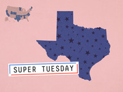 Editorial illustration featuring a large blue star-patterned silhouette of Texas with a Super Tuesday label and a small US map inset on a pink background.