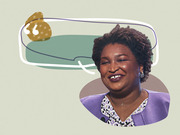 Editorial illustration of a smiling woman in a purple jacket with a decorative speech bubble and quote mark graphic overlay on a muted green background.