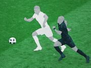 Stylized editorial illustration of two soccer players competing on a green grass field with a soccer ball nearby.