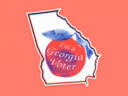 Editorial illustration of the state of Georgia outline containing a peach with the text I'm a Georgia Voter, styled like a voter sticker.