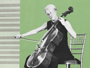 Editorial collage illustration of a woman playing cello in black and white against a green background with sheet music lines on the left.