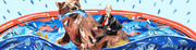 Editorial illustration of a suited man riding a bear surrounded by fish in a pool of water, rendered in a colorful watercolor style.