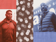 Editorial illustration showing two political figures in red and blue tones flanking a dark center panel filled with percentage sign bubbles, representing a Georgia Senate race.