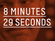 Red-tinted editorial graphic overlaying a close-up face with large white text reading 8 Minutes 29 Seconds, likely referencing a notable time duration.