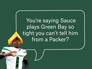 Editorial illustration of a New York Jets player wearing a cheesehead hat with a speech bubble quoting a joke about cornerback Sauce Gardner covering Green Bay Packers receivers.