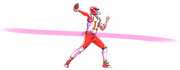 Illustrated drawing of a football quarterback in red uniform throwing a pass, with a pink diagonal brushstroke accent.