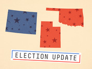 Editorial illustration showing blue and red star-patterned cutout shapes of US states with an Election Update label in red, white, and blue.