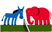 Cartoon illustration of a blue Democratic donkey and a red Republican elephant facing each other across a fence, symbolizing US political party rivalry.