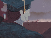 Editorial illustration showing the back of a person wearing a graduation cap, viewed from behind against a muted background.