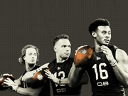 Editorial illustration of three NFL combine quarterback prospects holding footballs, wearing QB-labeled jerseys on a grid background.