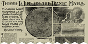 Vintage newspaper spread titled There Is Life on the Planet Mars featuring a map of Mars, portrait of Prof. Percival Lowell, illustrations, and article text by Lilian Whiting.
