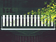 Editorial illustration showing a row of test tubes containing growing plants, with lush green foliage bursting out on the right side, suggesting genetic or agricultural science.