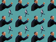 Repeating tiled editorial illustration showing a large figure giving a thumbs up next to a small running businessman on a teal background.