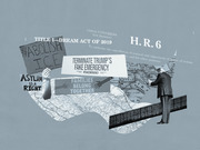 Editorial collage illustration combining protest signs, legislative documents, maps, and a silhouetted figure to represent US immigration policy debates.